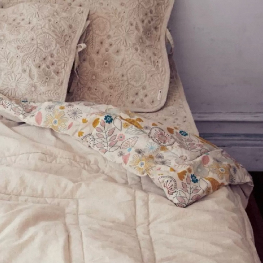 Cream and Floral embroidered quilted pillow cover